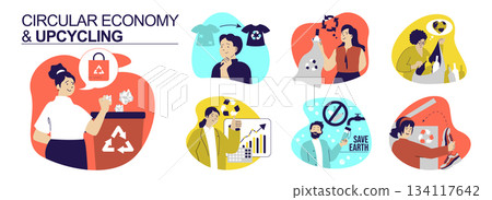 Circular economy and upcycling concept set for web design. Collection with people sorting and recycling waste, reduce garbage, reusing clothes and crafting, responsible business. Vector illustration. 134117642