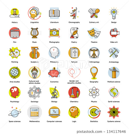 Academic Disciplines Line Icons. Academic Disciplines Icons, Education Line Icons Set for School, College and University Subjects, Science and Humanities Outline Icon Collection Academic Disciplines Line Icons. Academic Disciplines Icons, Education Line Icons Set for School, College and University Subjects, Science and Humanities Outline Icon Collection 134117646