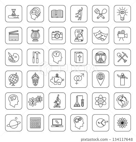 Academic Disciplines Line Icons. Academic Disciplines Icons, Education Line Icons Set for School, College and University Subjects, Science and Humanities Outline Icon Collection 134117648