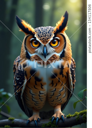 AI generated An alert nocturnal bird with fine features gazes intently at surroundings AI generated An alert nocturnal bird with fine features gazes intently at surroundings 134117806