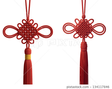 Traditional intricate red chinese knot ornament, symbol of good luck, prosperity, longevity, isolated on transparent background Traditional intricate red chinese knot ornament, symbol of good luck, prosperity, longevity, isolated on transparent background 134117846