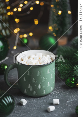 Green Christmas Mug with Hot Chocolate and Marshmallows into Pine Decor Green Christmas Mug with Hot Chocolate and Marshmallows into Pine Decor 134117857