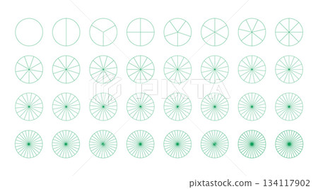 Segmented charts from 1 to 32 collection. Set of pie, pizza charts templates. Many number of sectors divide the circle on equal parts. Outline green graphics icon. Segments infographic. Diagram wheels 134117902
