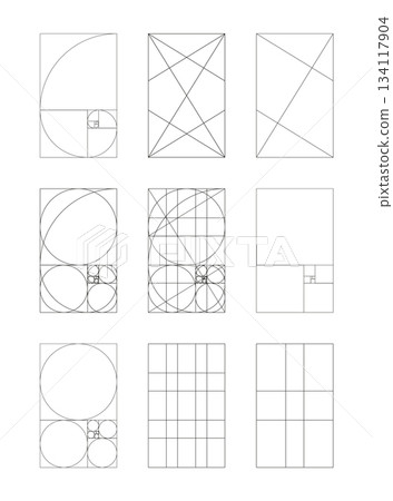 Golden ratio template collection. Fibonacci array, numbers. Method golden section flat icons. Set of Harmony proportions frames isolated on a white background. Outline black thin graphic illustration. 134117904