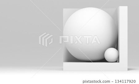 A pristine white large sphere sits inside a square open box with a smaller sphere. 3d art 134117920
