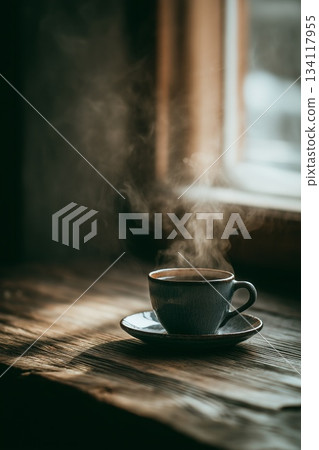 Steaming coffee cup by window Steaming coffee cup by window 134117955