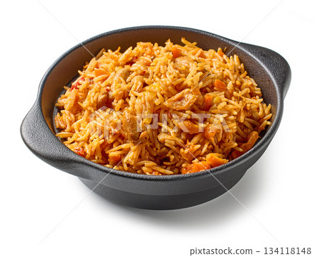 bowl of spicy rice with chicken meat and carrots bowl of spicy rice with chicken meat and carrots 134118148