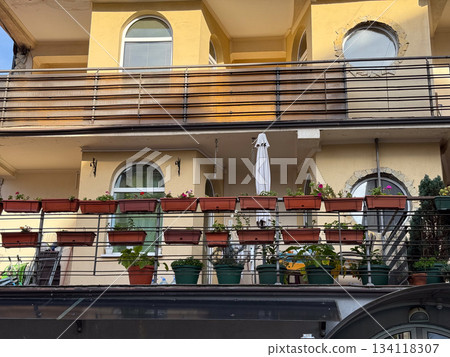 Yellow residential building with balcony flower pots. Urban living, outdoor home gardening and decorative facade details 134118307