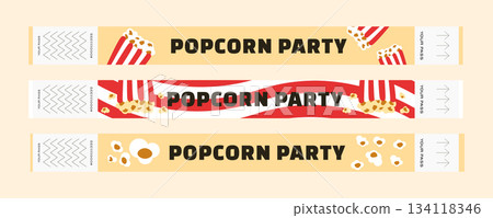 Retro red and white popcorn festival wristbands set with popcorn buckets and flying popcorn kernels. Admission bracelets exchanged for ticket Retro red and white popcorn festival wristbands set with popcorn buckets and flying popcorn kernels. Admission bracelets exchanged for ticket 134118346
