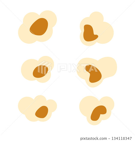 Popcorn set with popcorn buckets, flying kernels and snack illustrations in flat festive style Popcorn set with popcorn buckets, flying kernels and snack illustrations in flat festive style 134118347