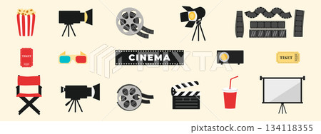 Set of cinema and movie theater icons with film reels, cameras, popcorn, tickets, clapperboard, and 3D glasses. Creative flat design collection for filmmaking, entertainment, and movie night themes Set of cinema and movie theater icons with film reels, cameras, popcorn, tickets, clapperboard, and 3D glasses. Creative flat design collection for filmmaking, entertainment, and movie night themes 134118355
