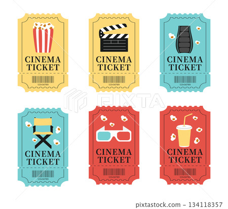 Set of retro cinema tickets with movie themed illustrations including popcorn, film reel, clapperboard, vintage camera, 3D glasses, and spotlight. Colorful vintage style movie ticket collection 134118357