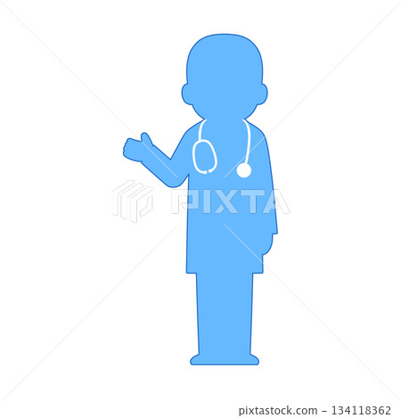 Illustration of a male doctor guiding (light blue silhouette and blue outline) Illustration of a male doctor guiding (light blue silhouette and blue outline) 134118362