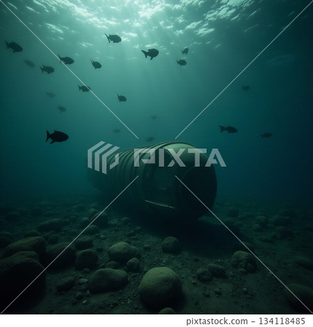 Mysterious underwater capsule surrounded by curious fish Generative AI 134118485