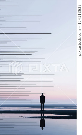 數位化的線條和人物輪廓 / 象徵未來和孤獨的藝術化視覺效果 數位化的線條和人物輪廓 / 象徵未來和孤獨的藝術化視覺效果 134118632