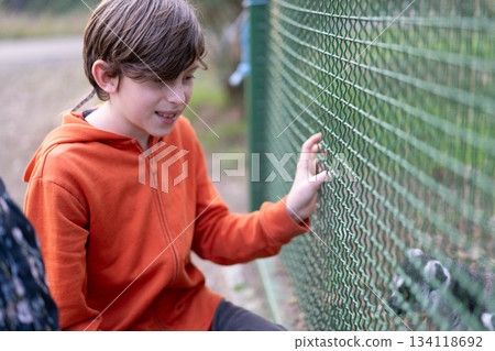 A boy in an orange hoodie shares a delightful moment at the zoo, leaning closely to a fence to connect with an animal. His excitement is palpable as he explores the wonders of nature alongside family. 134118692