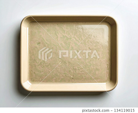Culinary preparation. Ceramic tray isolated on white background. Serving plate. Classic beige design. Top view. 134119015