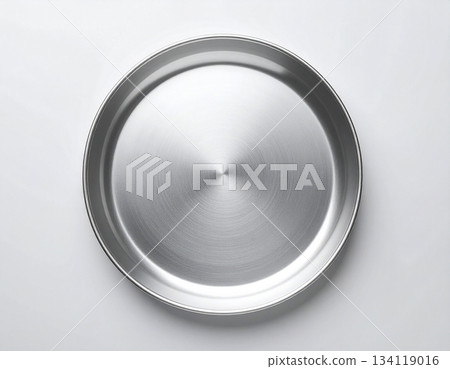 Contemporary design. Metal tray isolated on white background. Serving plate. Top view. 134119016