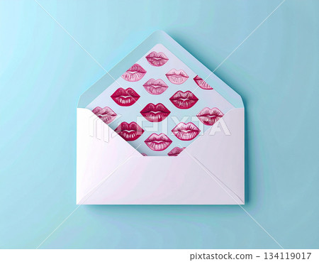 Love. Post envelope with cute red kisses decoration. Valentine's Day concept. Love. Post envelope with cute red kisses decoration. Valentine's Day concept. 134119017