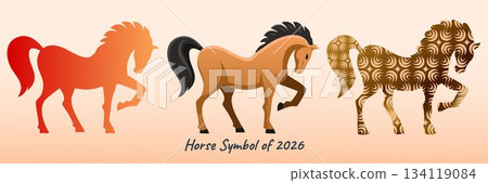 Horse image. Gradient silhouette, horse in traditional patterns. Lunar New Year talisman. Gift card design. Vector 134119084
