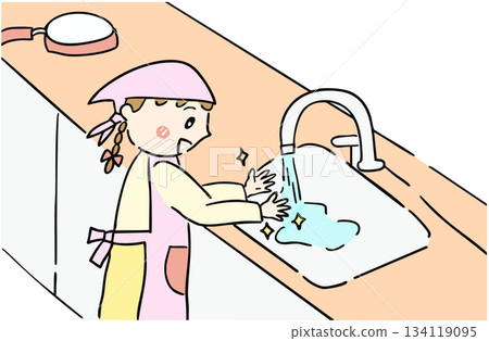 一個女孩正在洗手和準備食物 一個女孩正在洗手和準備食物 134119095