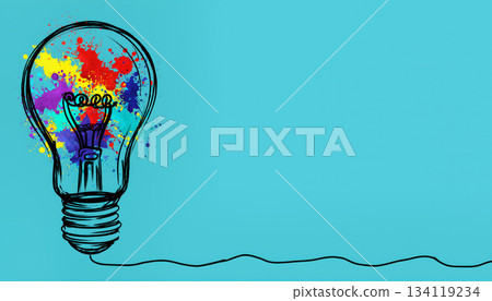 Creative illustration of a light bulb filled with colorful splashes on a blue background Creative illustration of a light bulb filled with colorful splashes on a blue background 134119234