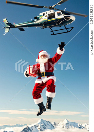 Santa Claus diving from a helicopter Santa Claus diving from a helicopter 134119283