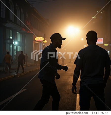 AI generated Latenight conversation between strangers on foggy street 134119286
