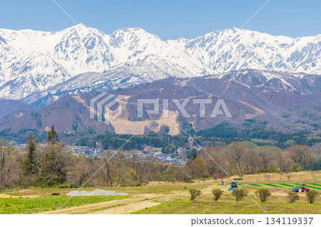 長野縣白馬村的春天：從野平地區眺望白馬三山 134119337