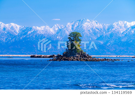 [A winter tradition] A clear winter day on Amaharashi Coast and the snow-capped Tateyama mountain range [Toyama Prefecture] 134119569