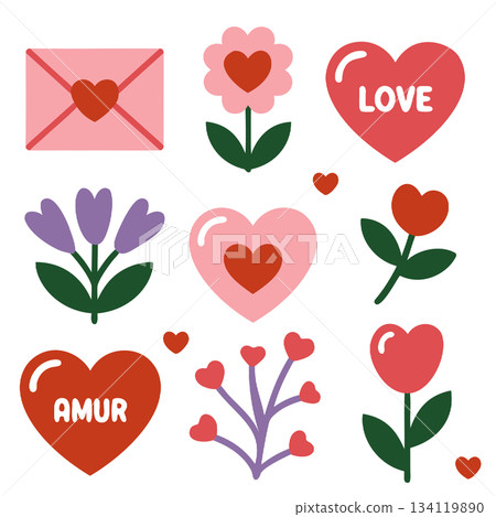 Cute collection of valentine's day elements with hearts, flowers in pastel colors, perfect for romantic projects 134119890