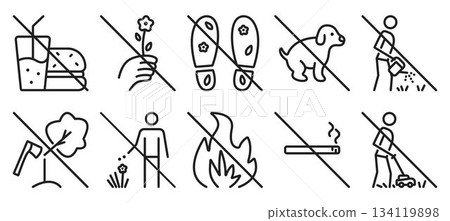 Black line lawn vector prohibitory icon set. Classic signs for parks, gardens and farms. Linear monochrome prohibitive symbols. Outline pictogram bundle Black line lawn vector prohibitory icon set. Classic signs for parks, gardens and farms. Linear monochrome prohibitive symbols. Outline pictogram bundle 134119898