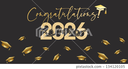 Gold Class of 2026 Graduation Banner with Cap and Falling Confetti Accents 134120105
