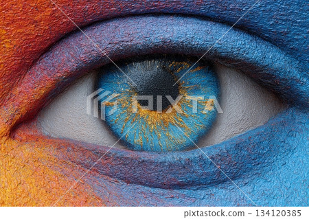 This close-up shows a human eye richly painted in vivid colors. The artwork captures unique textures and striking details in bright hues of blue, orange, and red 134120385