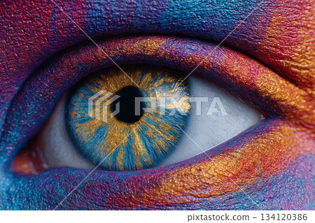 This artwork features a close-up of a human eye adorned with striking colors and patterns, showcasing vibrant blues, golds, and pinks in a captivating design 134120386