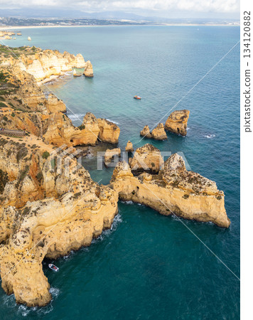 Ponta da Piedade Headland, Rock Formations, Atlantic Ocean on Sunny Day. Aerial Shot. Algarve 134120882