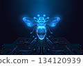 Digital polygon bee with glowing wings and tech circuitry futuristic insect illustration vector 134120939