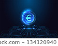 Digital euro coin glowing polygon mesh with futuristic fintech and circuit board design vector 134120940