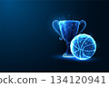 Futuristic glowing basketball trophy with polygon mesh ball and digital sports technology vector 134120941