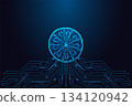 Futuristic glowing lemon slice polygon mesh with digital circuitry and neon fruit design vector 134120942
