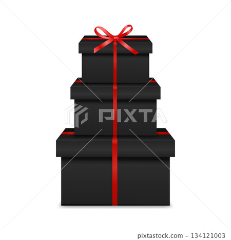 Black Gift Box Tower With Red Ribbon. Stacked Black Present Boxes. Elegant Luxury Gift Box Set for Christmas, New Year, Valentine, Birthday and Corporate Presents. Vector Black Gift Stack 134121003