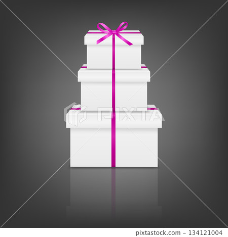 White 3d Gift Boxes Stack with Pink Ribbon Bow. Vector Present Pile on Black Background for Christmas, New Year, Birthday, Wedding, Holiday Sale, Luxury Gift Packaging Design. Vector Illustration White 3d Gift Boxes Stack with Pink Ribbon Bow. Vector Present Pile on Black Background for Christmas, New Year, Birthday, Wedding, Holiday Sale, Luxury Gift Packaging Design. Vector Illustration 134121004