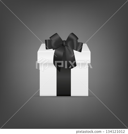 White Gift Box with Black Ribbon Bow on Dark Background. Vector 3d Gift Box Present for Luxury Gift, Black Friday, Birthday, Wedding, Holiday Sale Design Template White Gift Box with Black Ribbon Bow on Dark Background. Vector 3d Gift Box Present for Luxury Gift, Black Friday, Birthday, Wedding, Holiday Sale Design Template 134121012