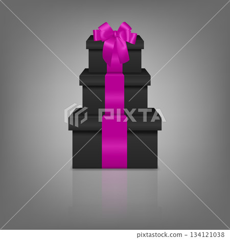 Stacked Black Gift Boxes with Pink Ribbon. Luxury Black Present Box Tower. Premium Gift Box Set for Christmas, New Year, Valentine, Birthday and Corporate Gifts. Vector Illustration 134121038