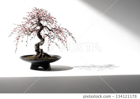 光影交錯中盛開的梅花盆景：優雅的垂枝梅花之美，以及對新年靜謐的期盼。 134121178