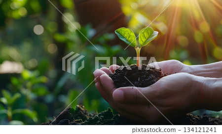 手中萌發的嫩芽與環境保護的圖片 134121241