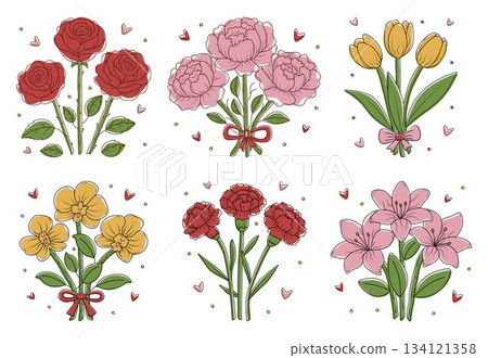 Colorful flower bouquets with black contours. Vector set with lilies, peonies, tulips, orchids, roses and carnations. Buds with leaves, cliparts with boho colors 134121358
