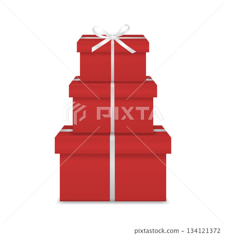 Vector 3d Red Gift Box Tower, Isolated. Stack of Three Red Present Boxes with White Ribbon Bow for Holiday, Birthday, Christmas, New Year, Sale and Luxury Celebration Design Vector 3d Red Gift Box Tower, Isolated. Stack of Three Red Present Boxes with White Ribbon Bow for Holiday, Birthday, Christmas, New Year, Sale and Luxury Celebration Design 134121372