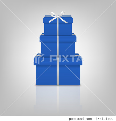 Vector 3d Blue Stacked Gift Boxes with White Ribbon Bow. Present for Birthday, Christmas, New Year, Holiday Sale, Wedding, Anniversary Packaging Design Vector 3d Blue Stacked Gift Boxes with White Ribbon Bow. Present for Birthday, Christmas, New Year, Holiday Sale, Wedding, Anniversary Packaging Design 134121400
