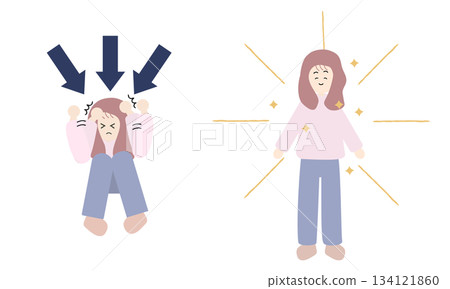 Illustration of a woman who hurts herself through self-denial and a woman who shines as she is 134121860